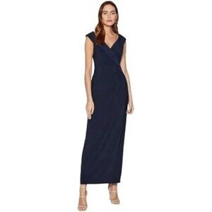 Lauren Ralph Lauren Jersey Off-the-Shoulder Side-Slit Gown Dress Navy Size 18